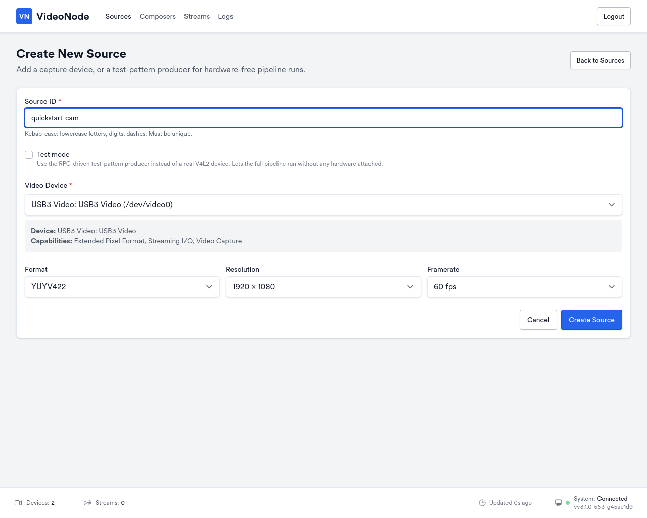 New source form: ID field, test-mode checkbox, video device dropdown, format / resolution / framerate selectors