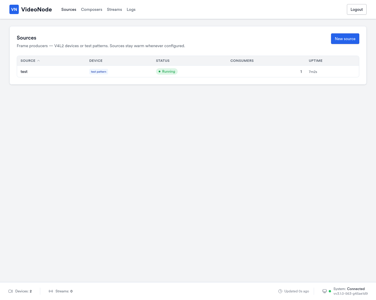 Sources page showing a running test source