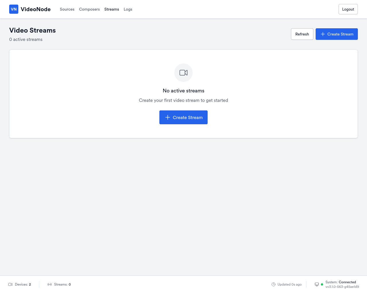 Empty streams page with a Create Stream button